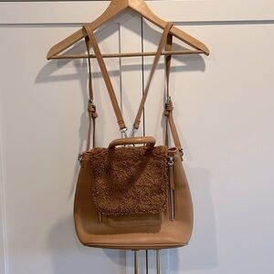 MMS Brown Camel Purse Adjustable Back Pack Straps Sherpa Flap Multiple sections